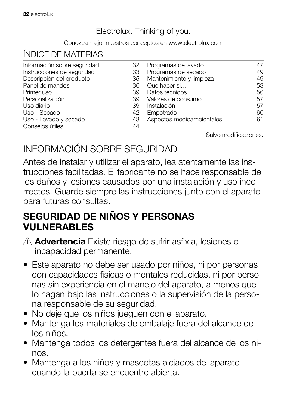 Información sobre seguridad, Seguridad de niños y personas vulnerables, Electrolux. thinking of you | Índice de materias | Electrolux EWX147410W User Manual | Page 32 / 64