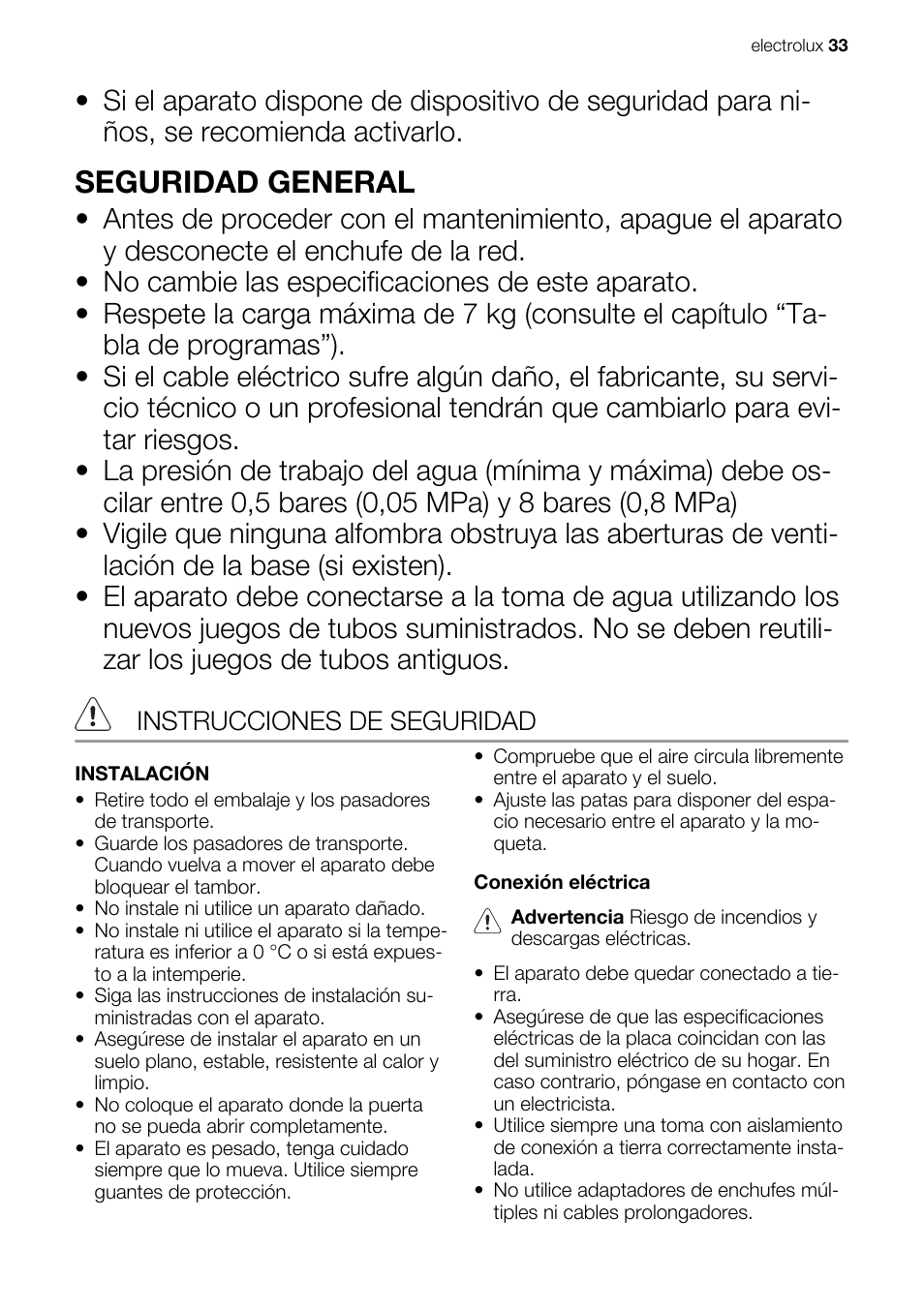 Seguridad general, Instrucciones de seguridad | Electrolux EWX147410W User Manual | Page 33 / 64