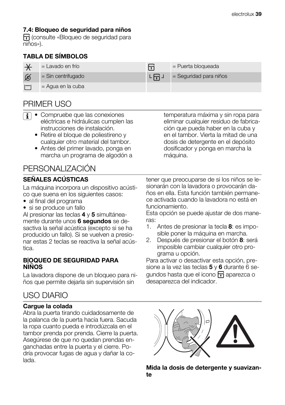 Primer uso, Personalización, Uso diario | Electrolux EWX147410W User Manual | Page 39 / 64