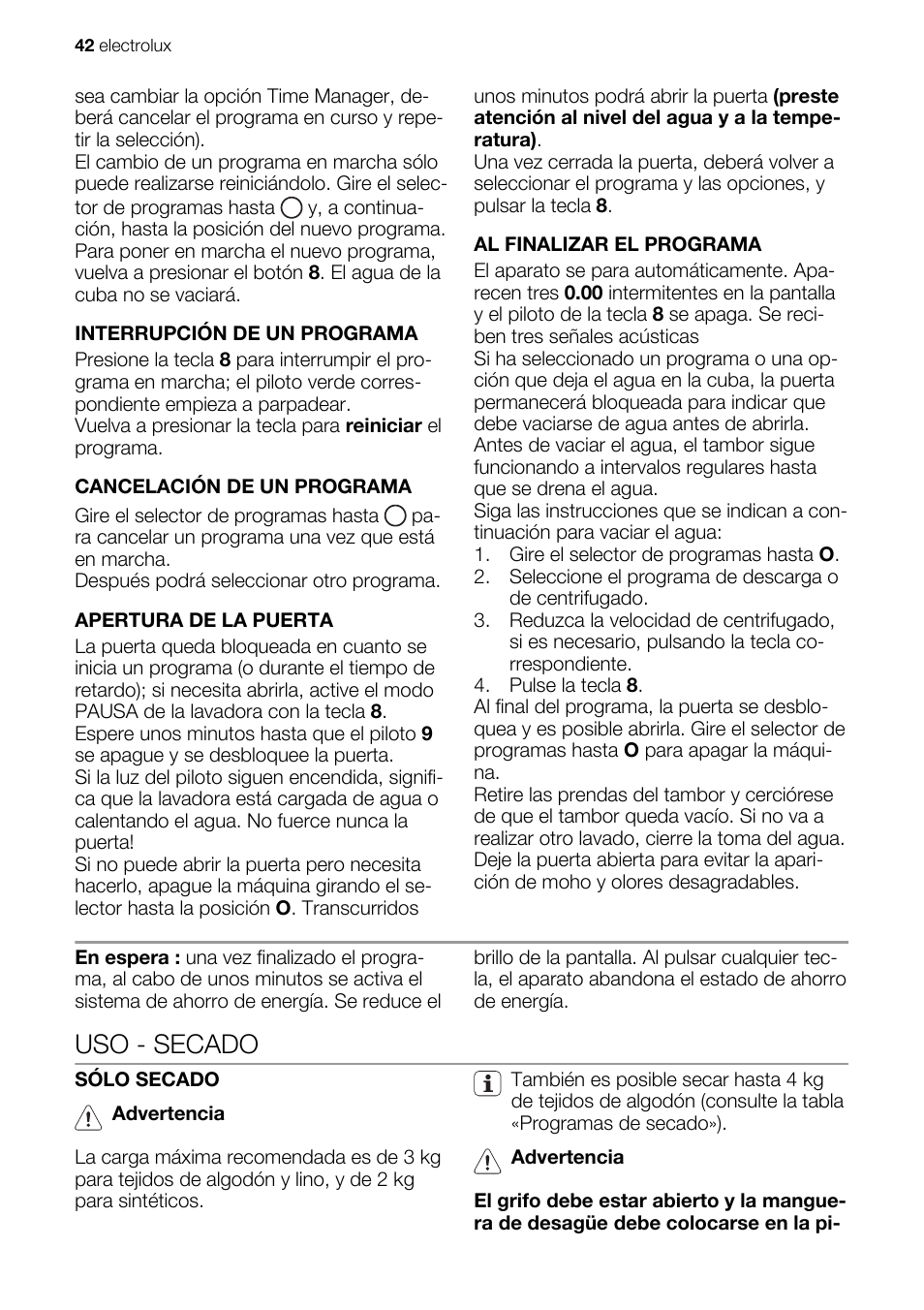 Uso - secado | Electrolux EWX147410W User Manual | Page 42 / 64