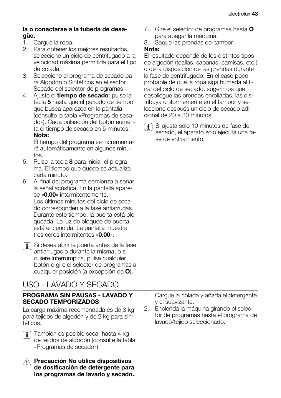 Uso - lavado y secado | Electrolux EWX147410W User Manual | Page 43 / 64