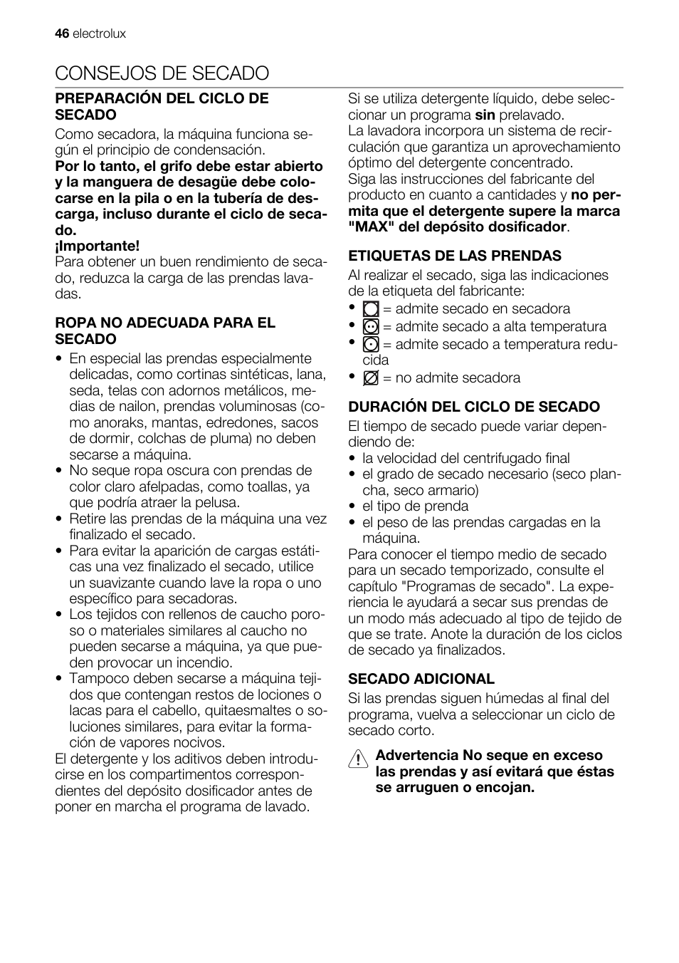 Consejos de secado | Electrolux EWX147410W User Manual | Page 46 / 64