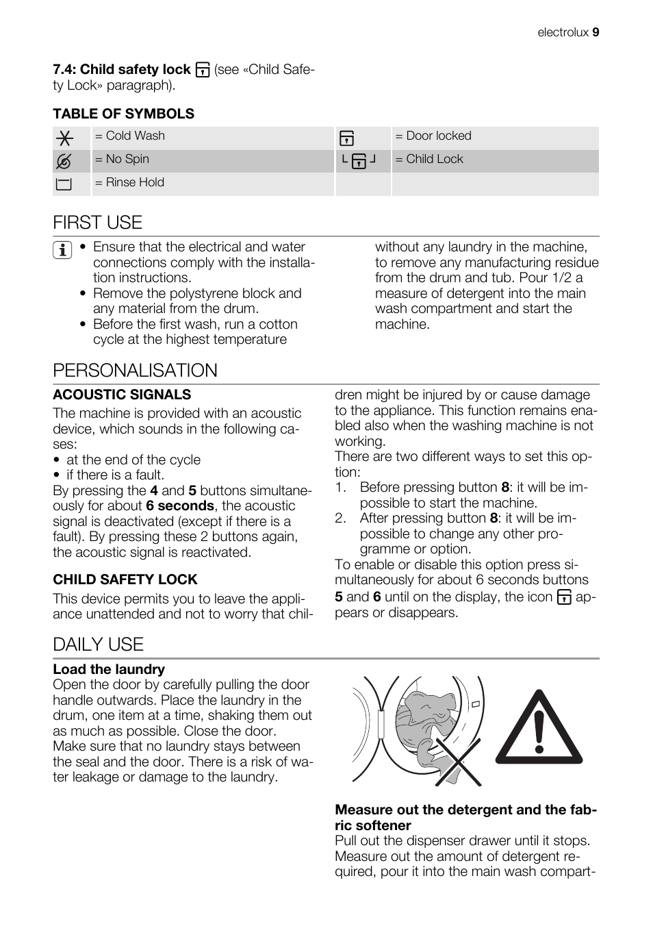 First use, Personalisation, Daily use | Electrolux EWX147410W User Manual | Page 9 / 64