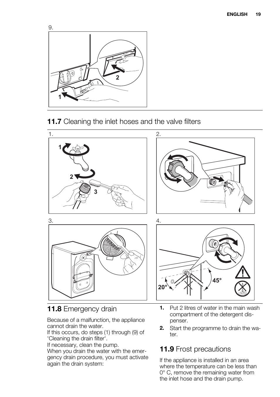 7 cleaning the inlet hoses and the valve filters, 8 emergency drain, 9 frost precautions | Electrolux EWF1286ODW User Manual | Page 19 / 48