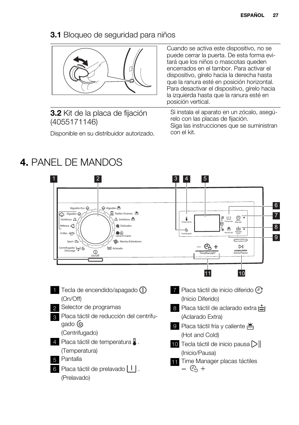 Panel de mandos, 1 bloqueo de seguridad para niños, Tecla de encendido/apagado (on/off) | Selector de programas, Placa táctil de temperatura . (temperatura), Pantalla, Placa táctil de prelavado . (prelavado), Placa táctil de inicio diferido (inicio diferido), Placa táctil de aclarado extra (aclarado extra), Placa táctil fría y caliente (hot and cold) | Electrolux EWF1286ODW User Manual | Page 27 / 48