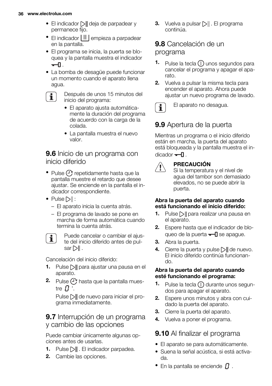 6 inicio de un programa con inicio diferido, 8 cancelación de un programa, 9 apertura de la puerta | 10 al finalizar el programa | Electrolux EWF1286ODW User Manual | Page 36 / 48