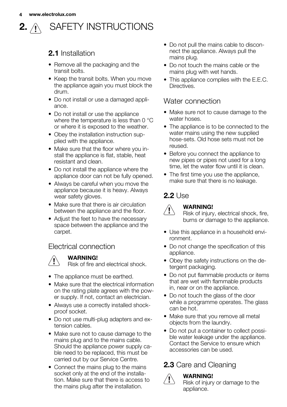 Safety instructions, 1 installation, Electrical connection | Water connection, 2 use, 3 care and cleaning | Electrolux EWF1286ODW User Manual | Page 4 / 48