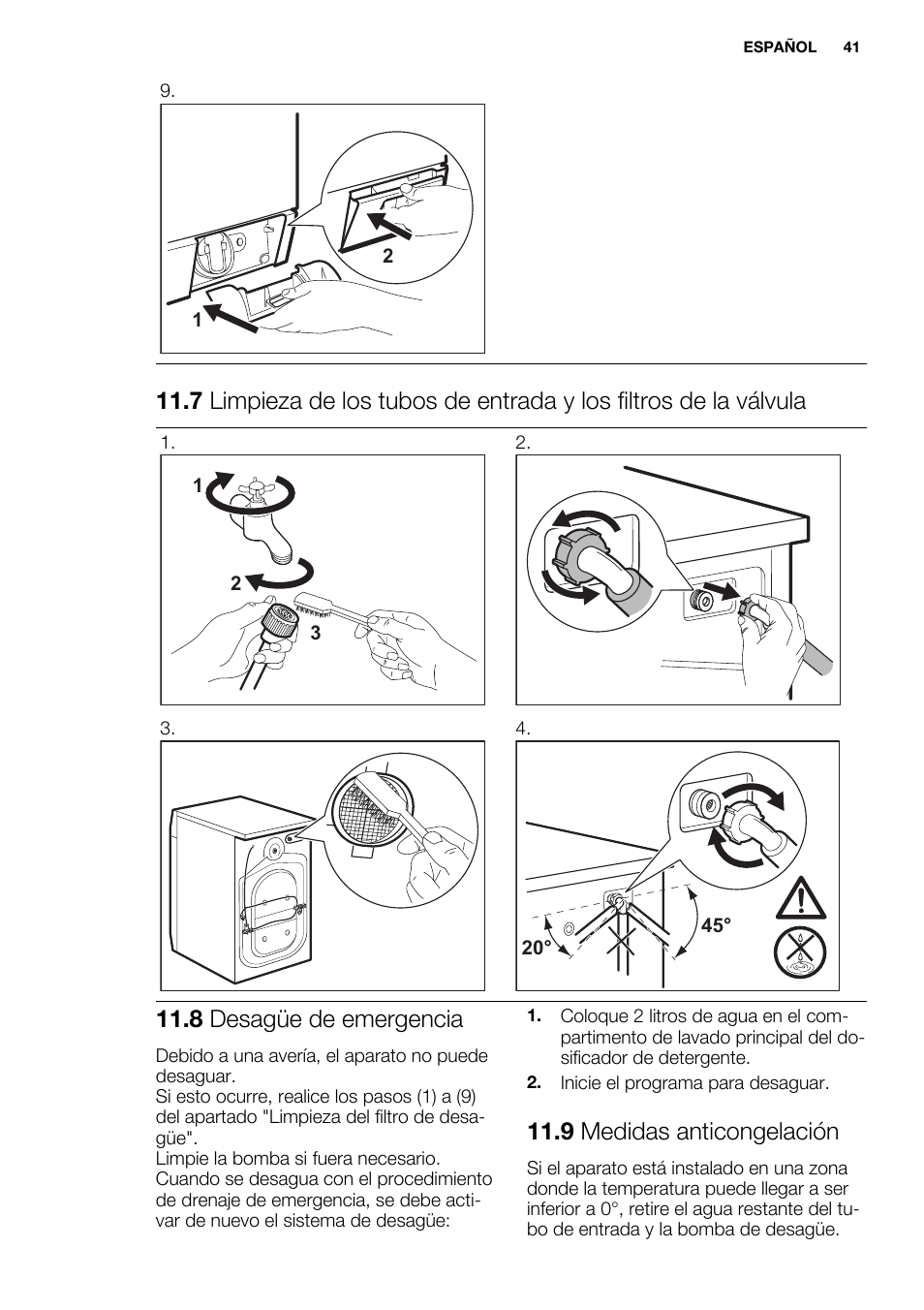 8 desagüe de emergencia, 9 medidas anticongelación | Electrolux EWF1286ODW User Manual | Page 41 / 48