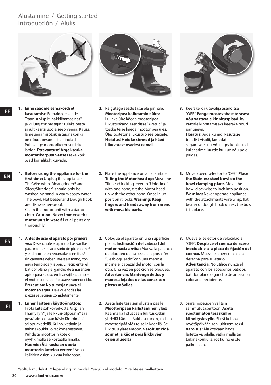Aluksi, Introducción, Getting started | Alustamine | Electrolux EKM4000 User Manual | Page 30 / 140
