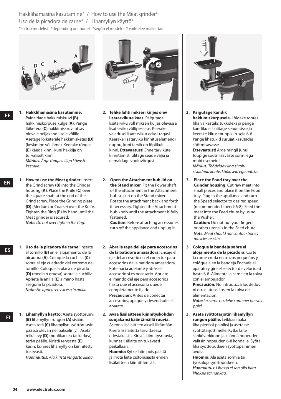 Lihamyllyn käyttö, Uso de la picadora de carne, How to use the meat grinder | Hakklihamasina kasutamine | Electrolux EKM4000 User Manual | Page 34 / 140