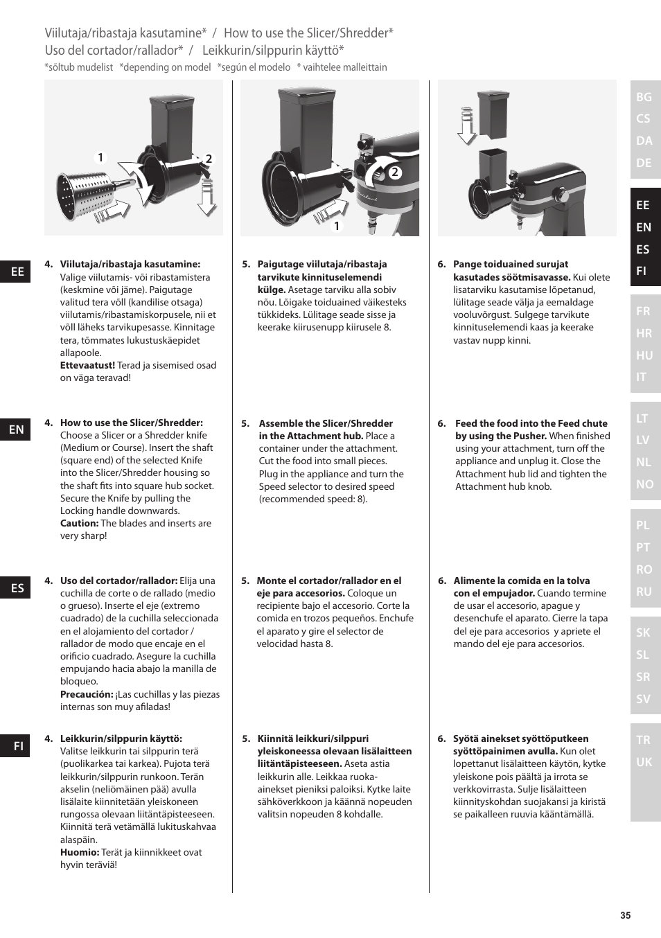 Leikkurin/silppurin käyttö, Uso del cortador/rallador, How to use the slicer/shredder | Viilutaja/ribastaja kasutamine | Electrolux EKM4000 User Manual | Page 35 / 140