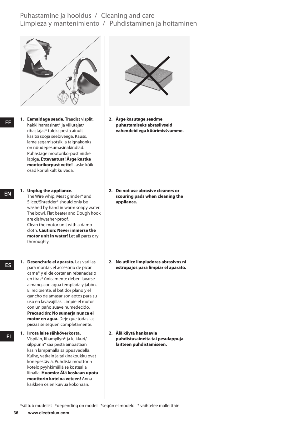 Puhdistaminen ja hoitaminen, Limpieza y mantenimiento, Cleaning and care | Puhastamine ja hooldus | Electrolux EKM4000 User Manual | Page 36 / 140