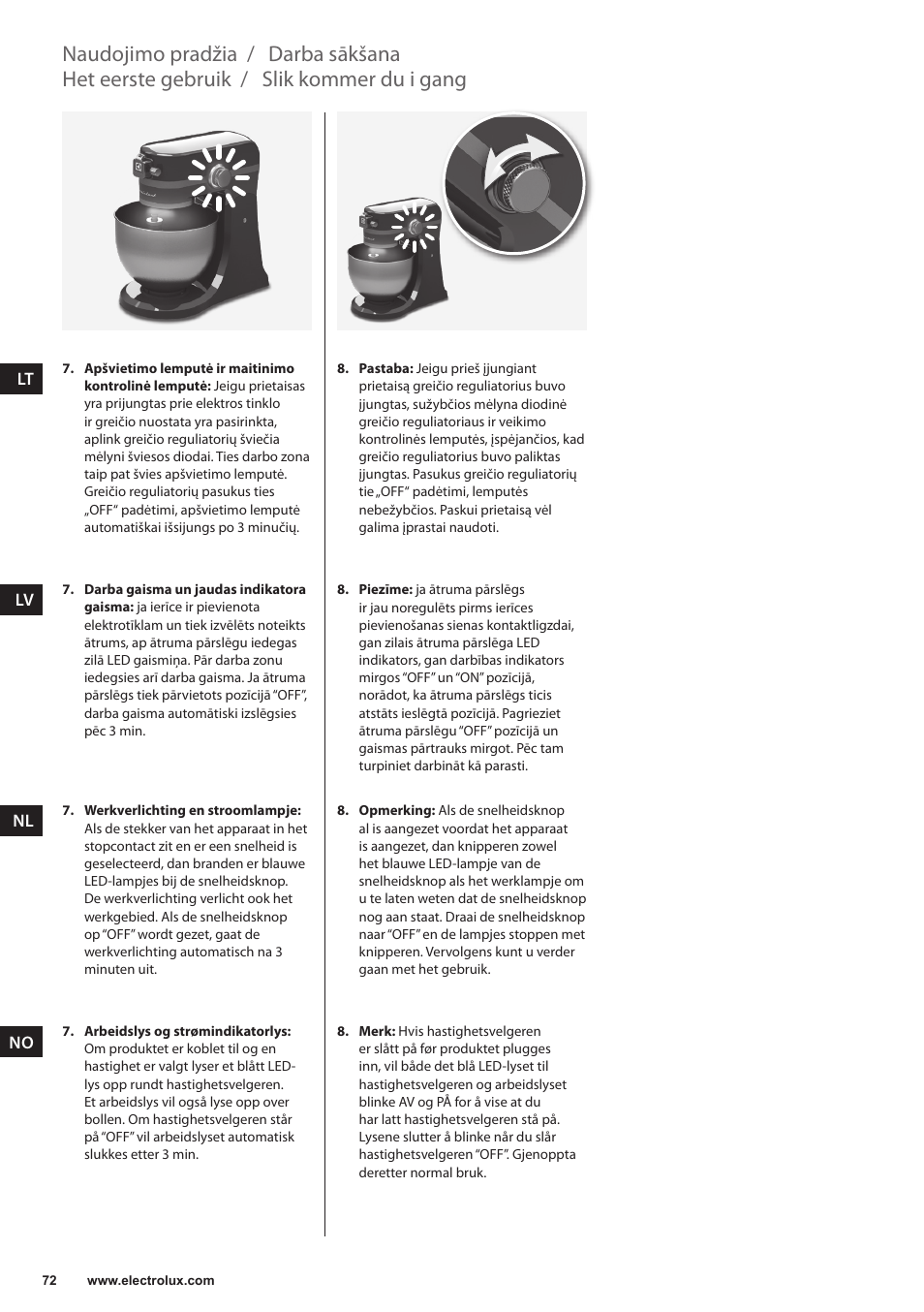 Slik kommer du i gang, Het eerste gebruik, Darba sākšana | Naudojimo pradžia | Electrolux EKM4000 User Manual | Page 72 / 140