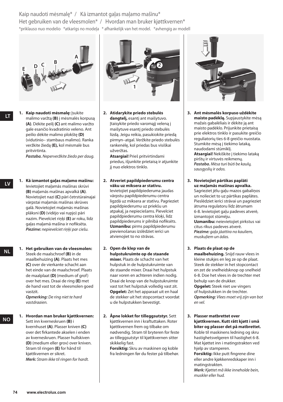 Hvordan man bruker kjøttkvernen, Het gebruiken van de vleesmolen, Kā izmantot gaļas maļamo mašīnu | Kaip naudoti mėsmalę | Electrolux EKM4000 User Manual | Page 74 / 140