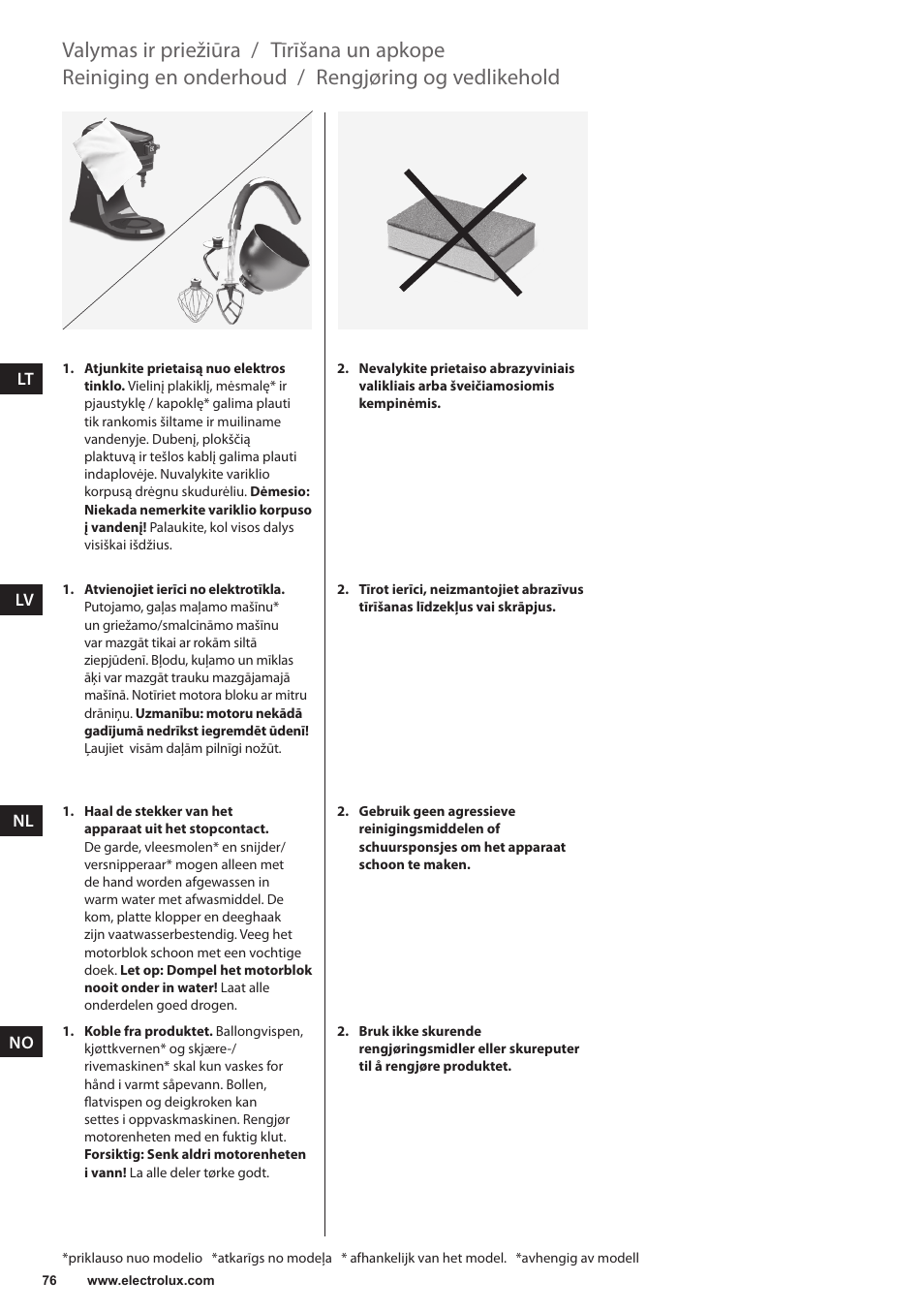 Rengjøring og vedlikehold, Reiniging en onderhoud, Tīrīšana un apkope | Valymas ir priežiūra | Electrolux EKM4000 User Manual | Page 76 / 140