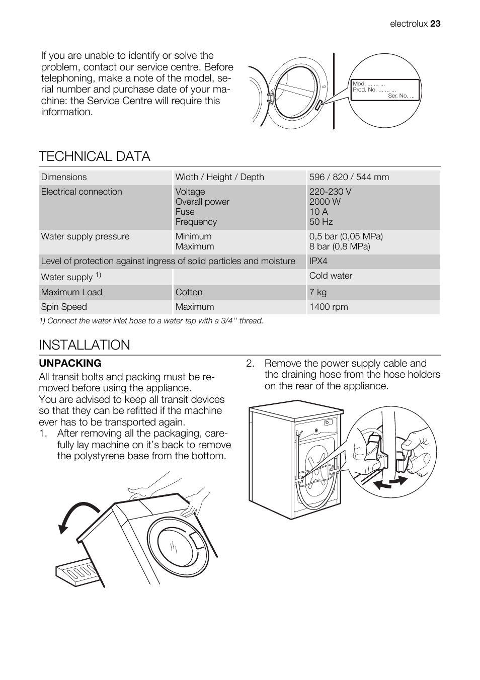 Technical data, Installation | Electrolux EWG147540W User Manual | Page 23 / 84