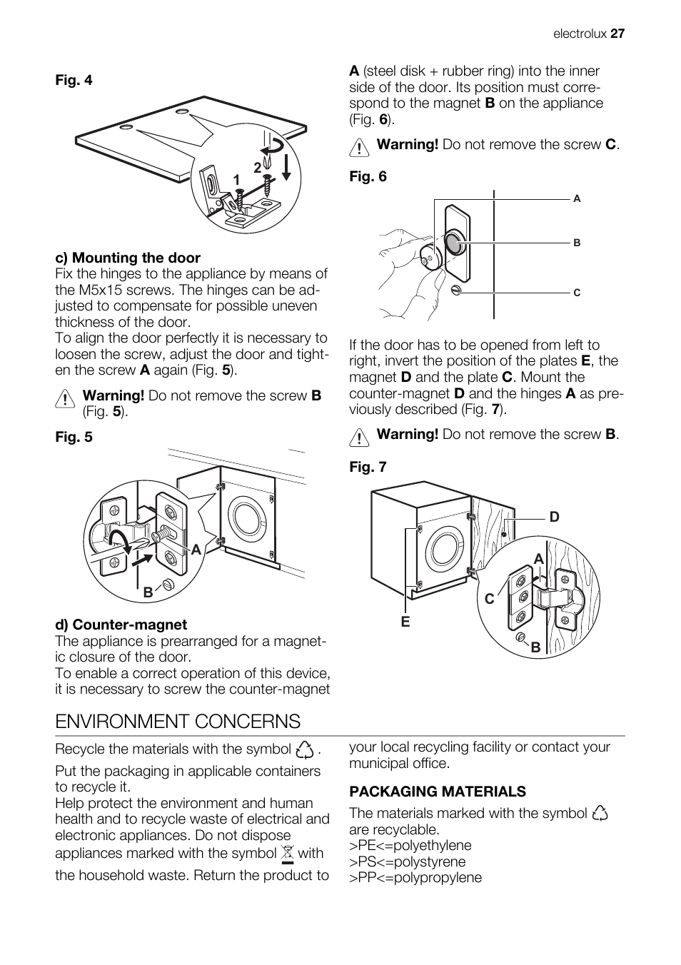 Environment concerns | Electrolux EWG147540W User Manual | Page 27 / 84