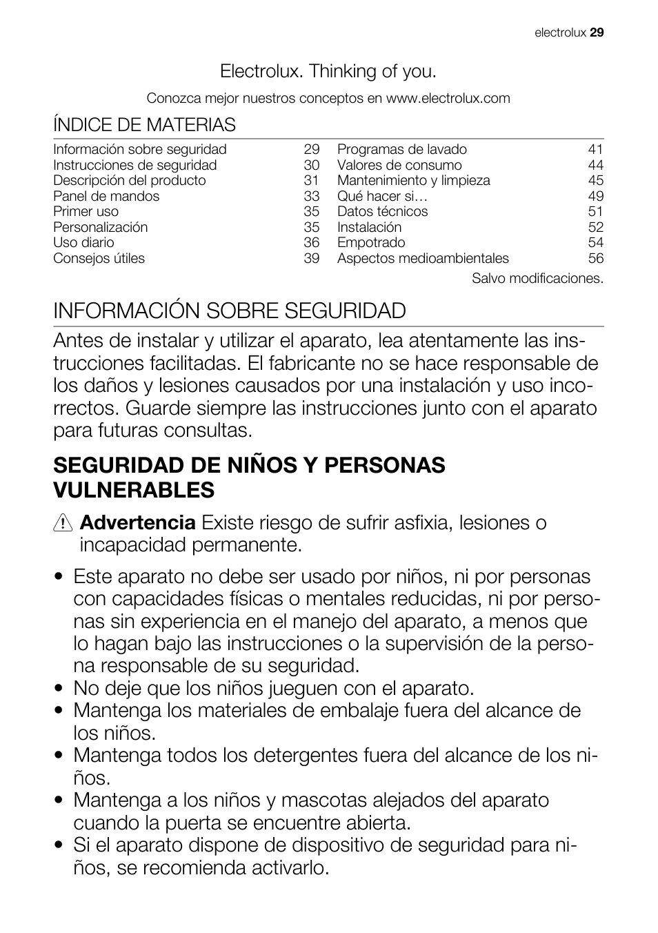 Información sobre seguridad, Seguridad de niños y personas vulnerables, Electrolux. thinking of you | Índice de materias | Electrolux EWG147540W User Manual | Page 29 / 84