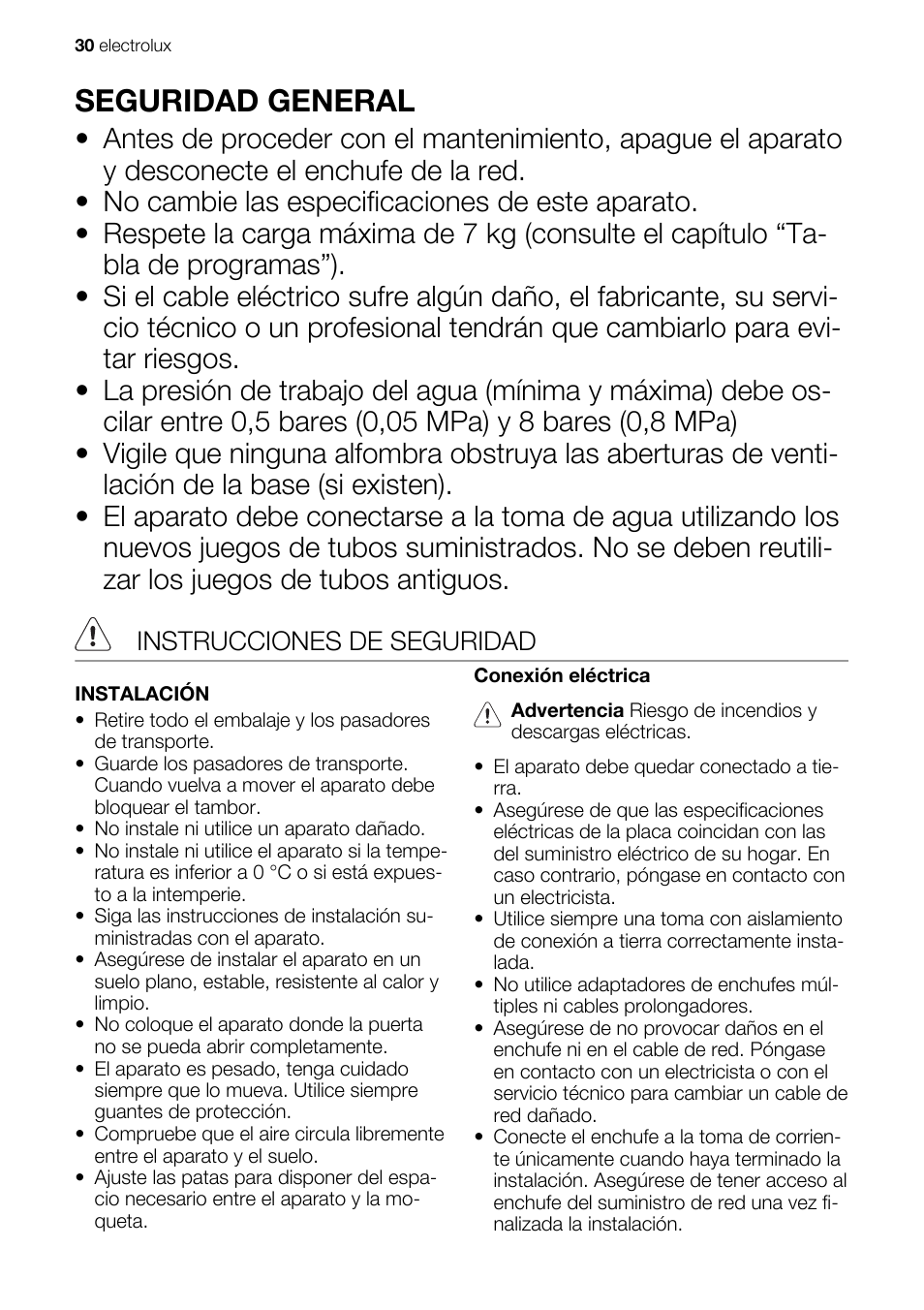 Seguridad general, Instrucciones de seguridad | Electrolux EWG147540W User Manual | Page 30 / 84