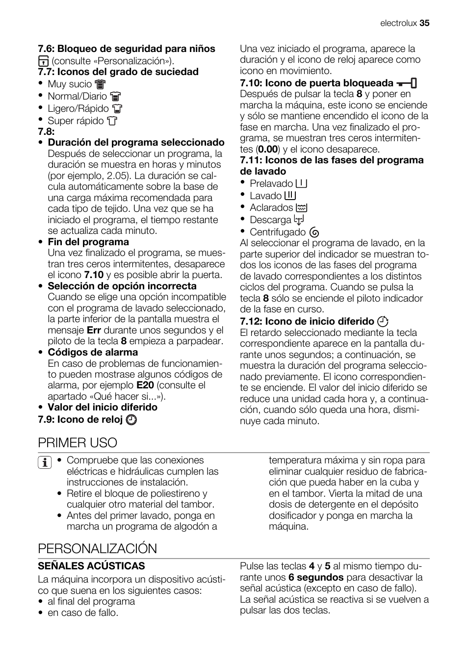 Primer uso, Personalización | Electrolux EWG147540W User Manual | Page 35 / 84