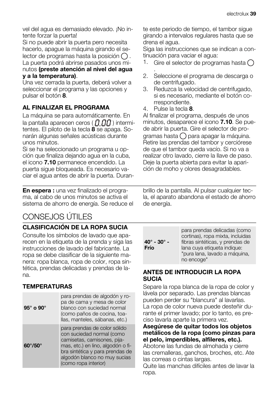 Consejos útiles | Electrolux EWG147540W User Manual | Page 39 / 84