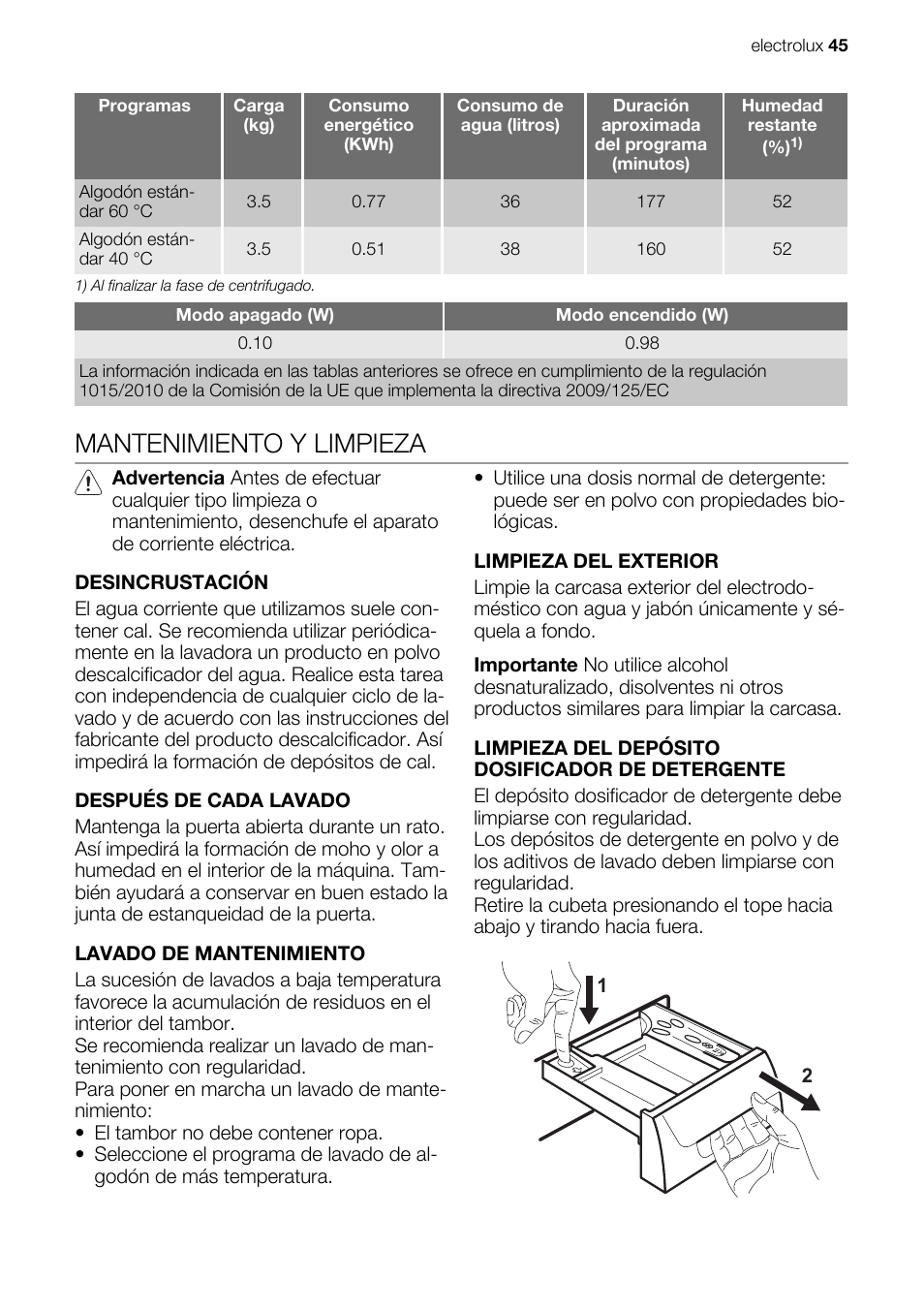 Mantenimiento y limpieza | Electrolux EWG147540W User Manual | Page 45 / 84