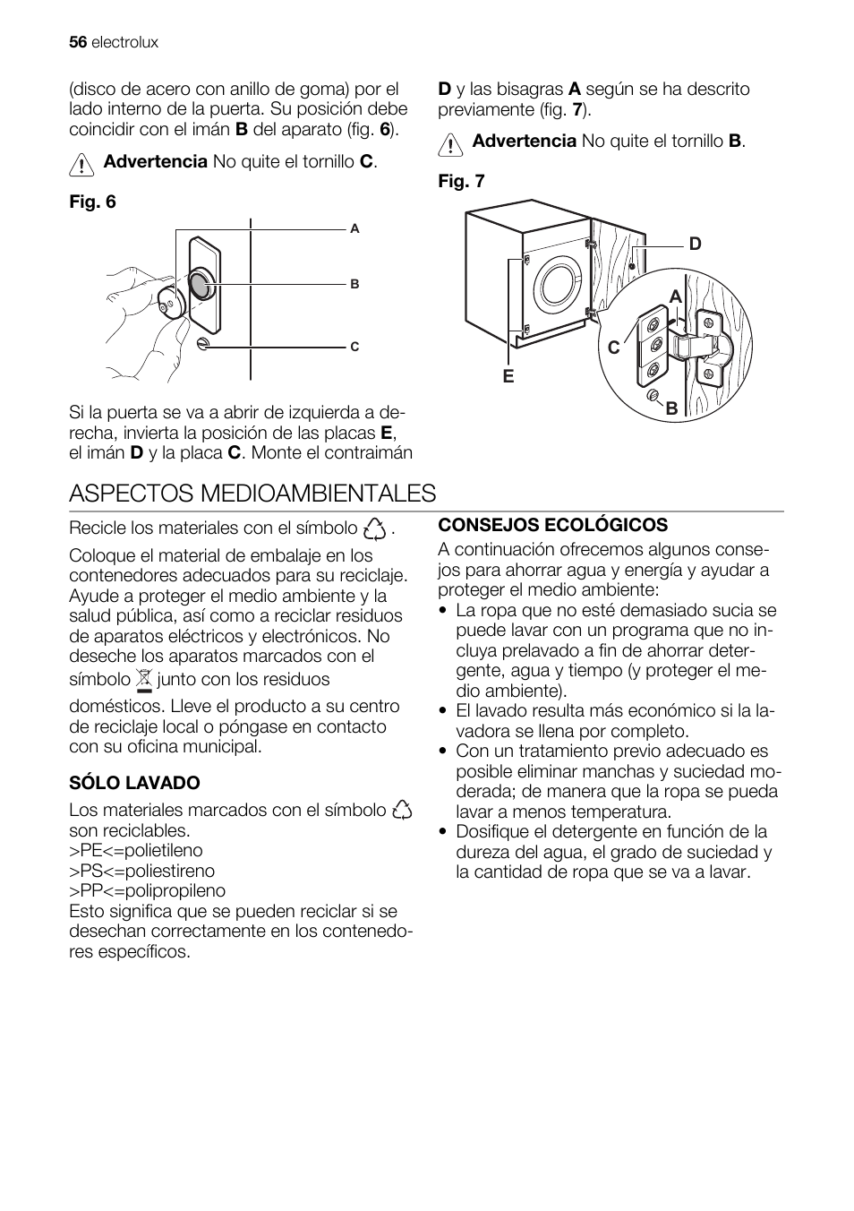 Aspectos medioambientales | Electrolux EWG147540W User Manual | Page 56 / 84