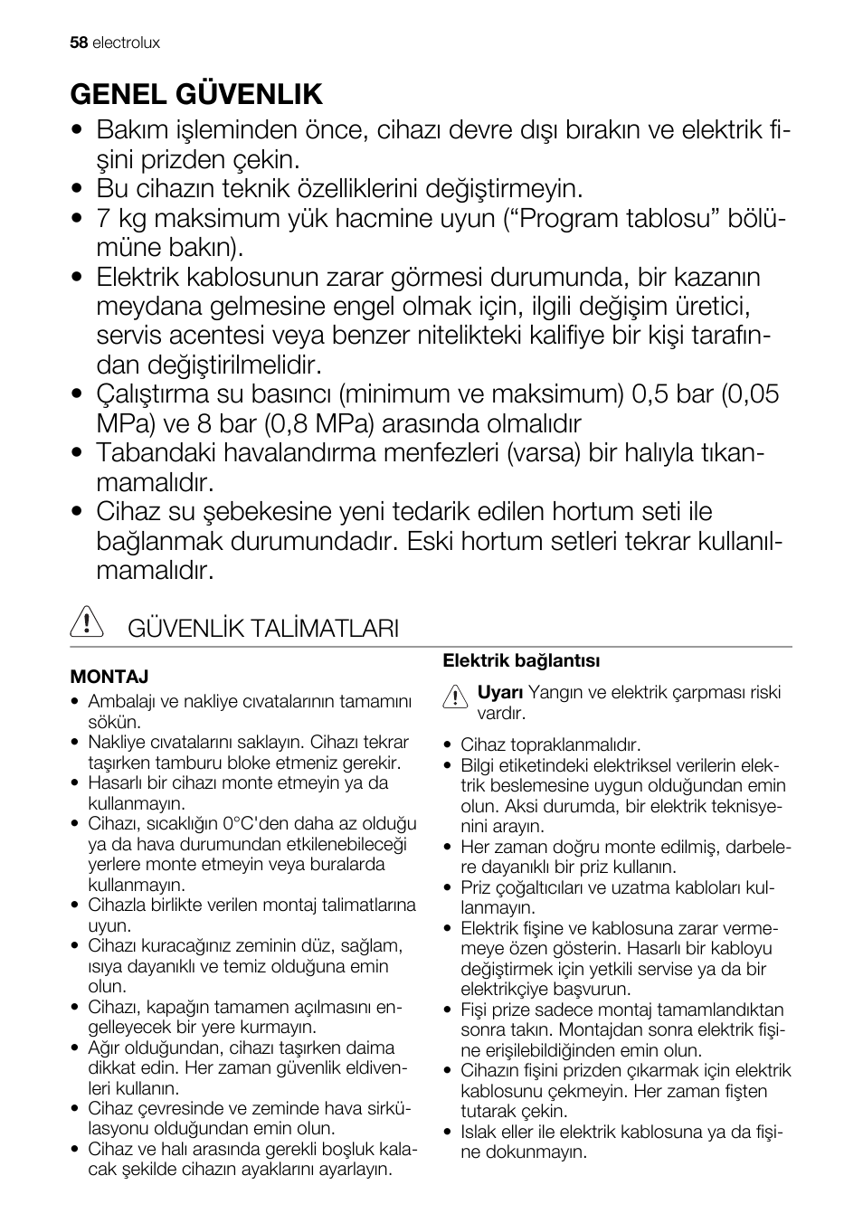 Genel güvenlik, Güvenlik talimatlari | Electrolux EWG147540W User Manual | Page 58 / 84