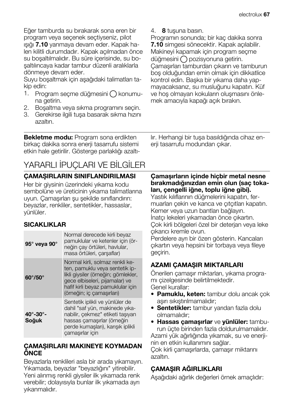 Yararli ipuçlari ve bilgiler | Electrolux EWG147540W User Manual | Page 67 / 84