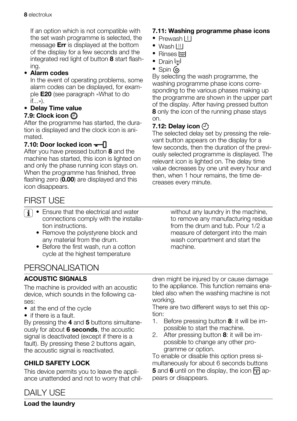 First use, Personalisation, Daily use | Electrolux EWG147540W User Manual | Page 8 / 84