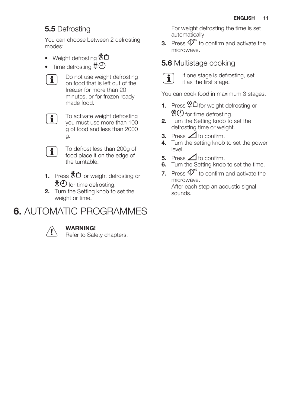 5 defrosting, 6 multistage cooking, Automatic programmes | Electrolux EMS20100OX User Manual | Page 11 / 68