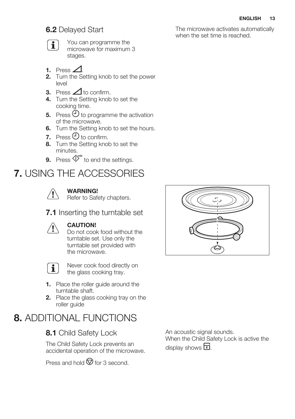 2 delayed start, Using the accessories, 1 inserting the turntable set | Additional functions, 1 child safety lock, Using the accessories 8. additional functions | Electrolux EMS20100OX User Manual | Page 13 / 68