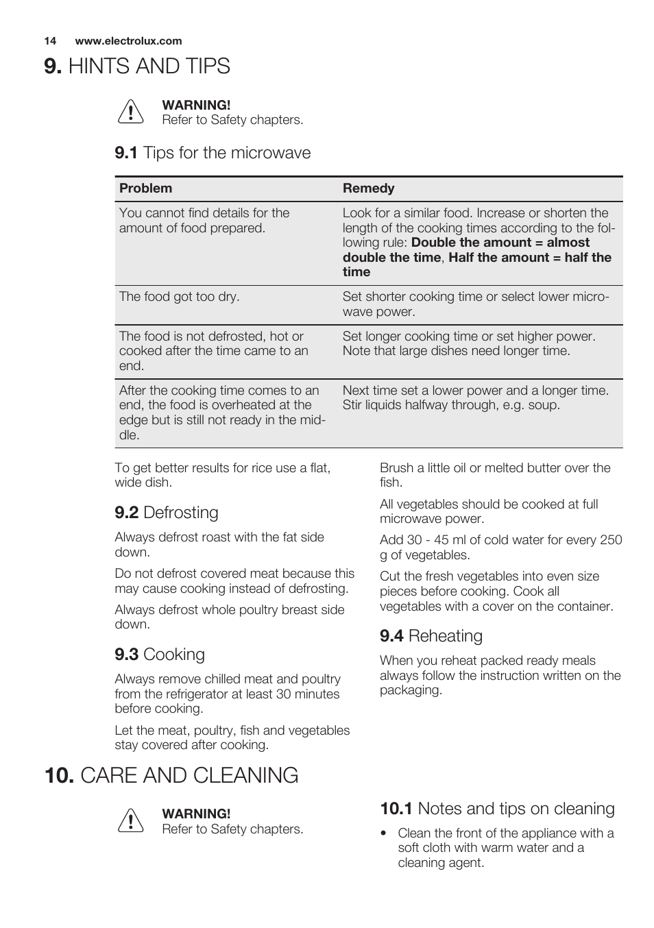 Hints and tips, 1 tips for the microwave, 2 defrosting | 3 cooking, 4 reheating, Care and cleaning, 1 notes and tips on cleaning, Hints and tips 10. care and cleaning | Electrolux EMS20100OX User Manual | Page 14 / 68