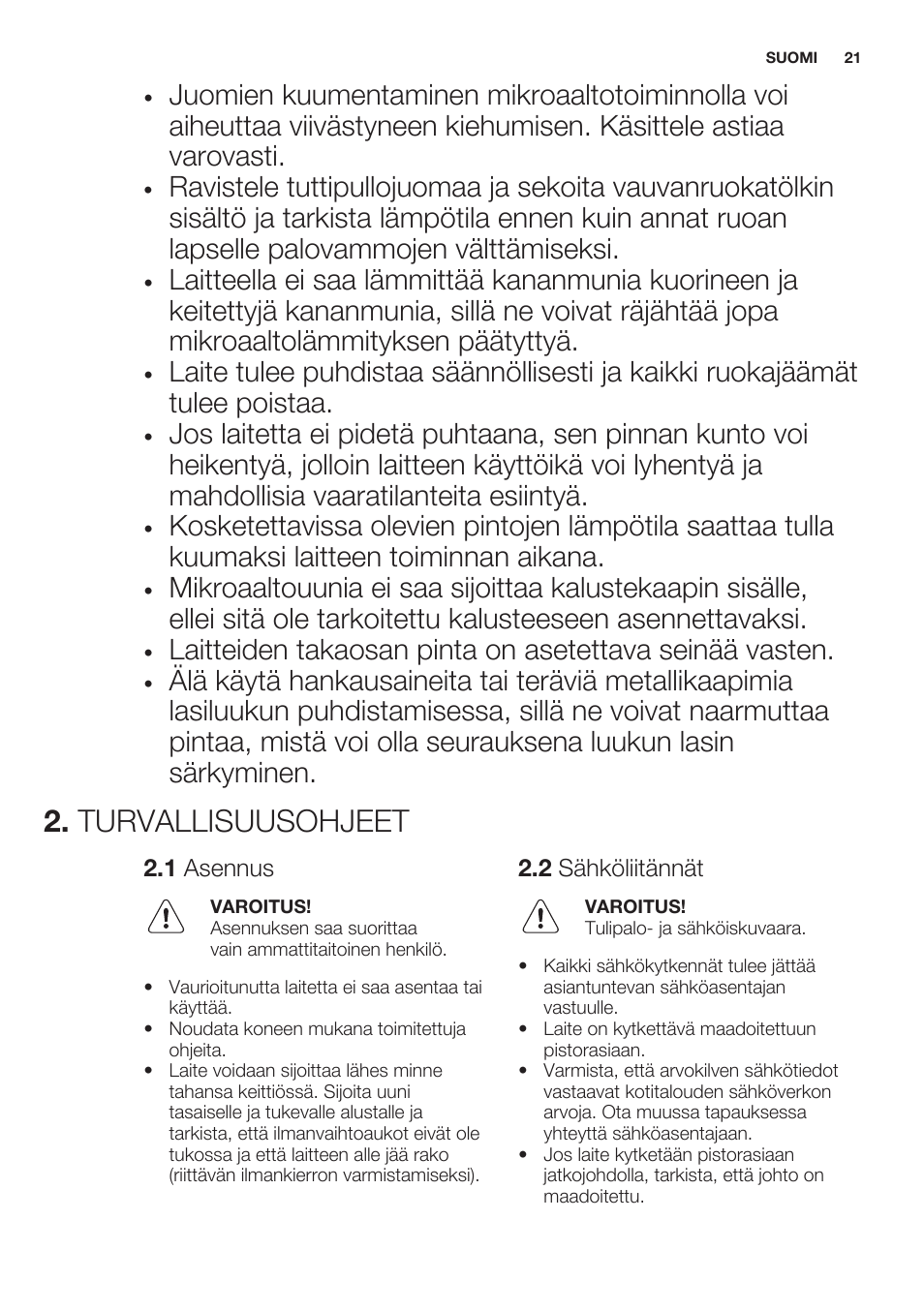 Turvallisuusohjeet, 1 asennus, 2 sähköliitännät | Electrolux EMS20100OX User Manual | Page 21 / 68