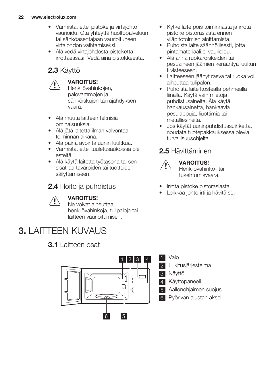 3 käyttö, 4 hoito ja puhdistus, 5 hävittäminen | Laitteen kuvaus, 1 laitteen osat | Electrolux EMS20100OX User Manual | Page 22 / 68