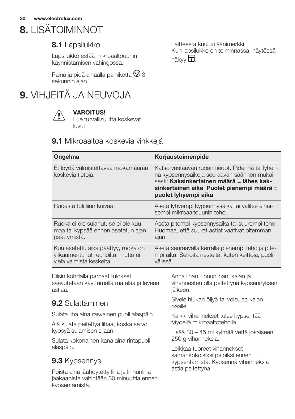 Lisätoiminnot, 1 lapsilukko, Vihjeitä ja neuvoja | 1 mikroaaltoa koskevia vinkkejä, 2 sulattaminen, 3 kypsennys, Lisätoiminnot 9. vihjeitä ja neuvoja | Electrolux EMS20100OX User Manual | Page 30 / 68