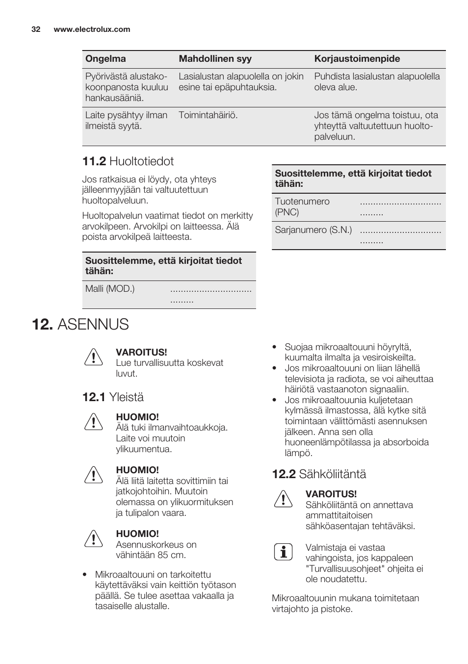 2 huoltotiedot, Asennus, 1 yleistä | 2 sähköliitäntä | Electrolux EMS20100OX User Manual | Page 32 / 68