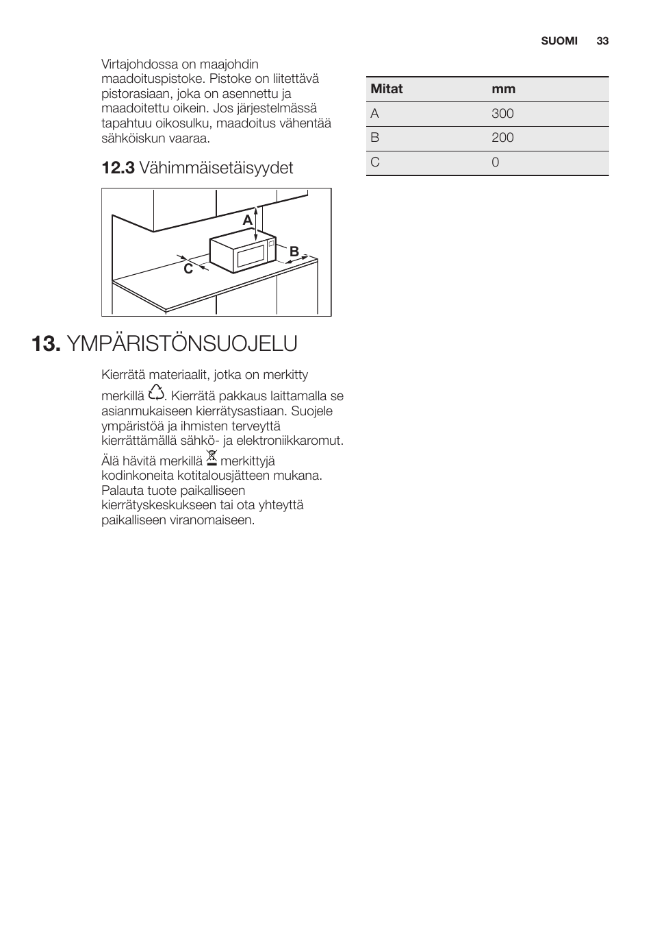 3 vähimmäisetäisyydet, Ympäristönsuojelu | Electrolux EMS20100OX User Manual | Page 33 / 68