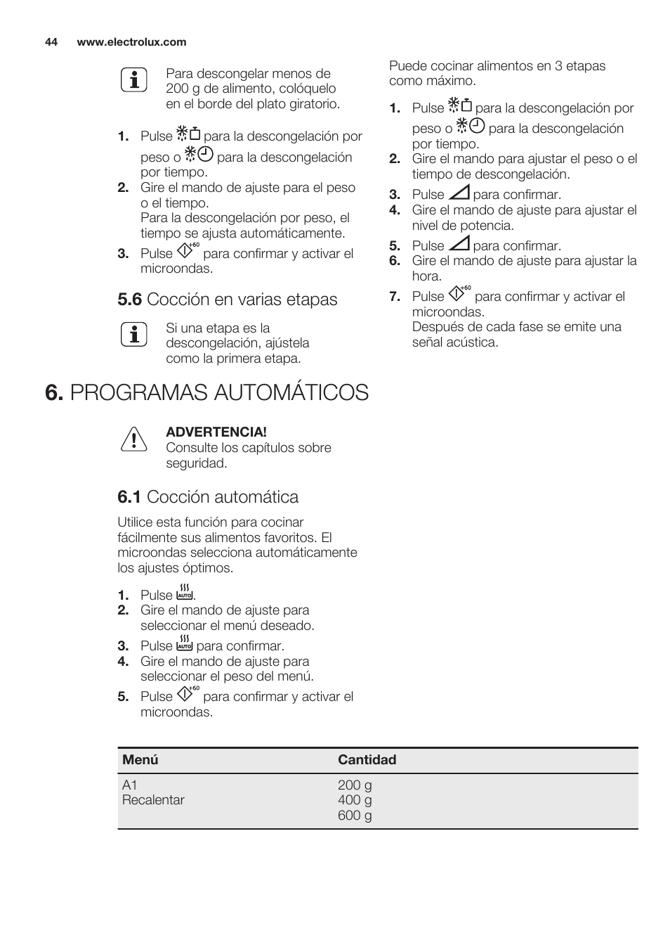6 cocción en varias etapas, Programas automáticos, 1 cocción automática | Electrolux EMS20100OX User Manual | Page 44 / 68