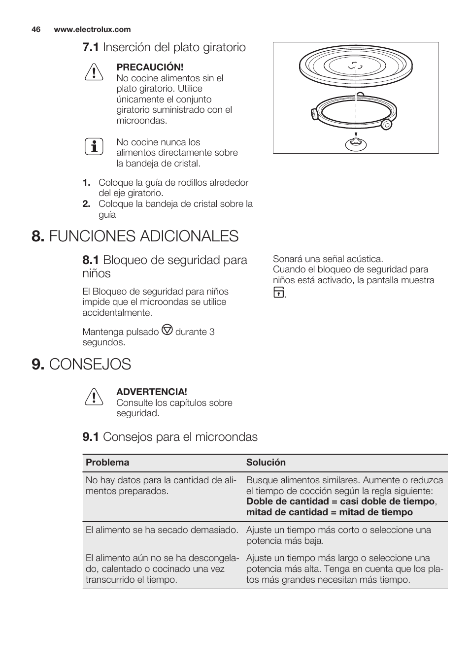 1 inserción del plato giratorio, Funciones adicionales, 1 bloqueo de seguridad para niños | Consejos, 1 consejos para el microondas, Funciones adicionales 9. consejos | Electrolux EMS20100OX User Manual | Page 46 / 68