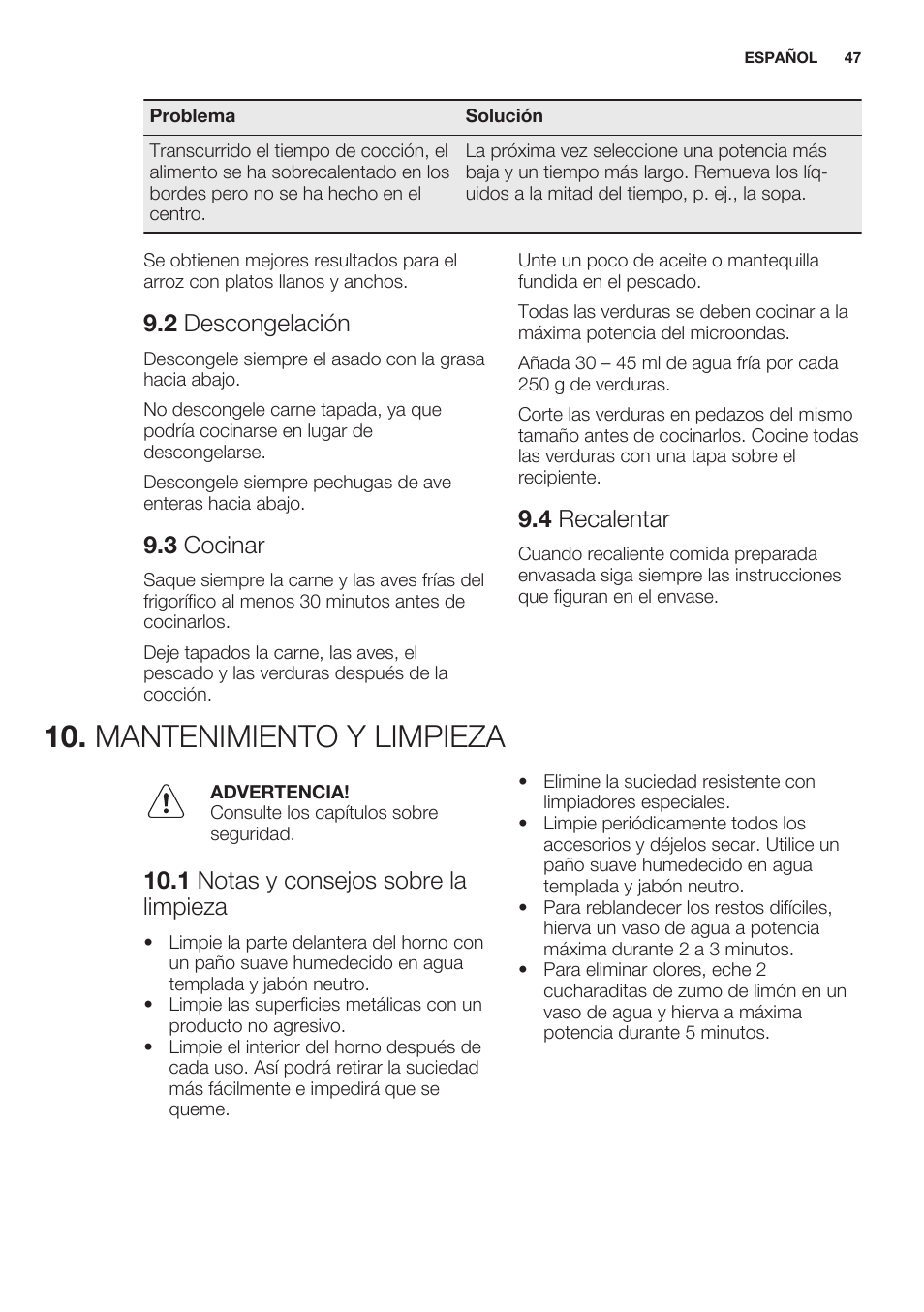 2 descongelación, 3 cocinar, 4 recalentar | Mantenimiento y limpieza, 1 notas y consejos sobre la limpieza | Electrolux EMS20100OX User Manual | Page 47 / 68