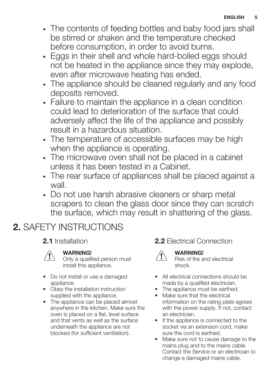 Safety instructions, 1 installation, 2 electrical connection | Electrolux EMS20100OX User Manual | Page 5 / 68