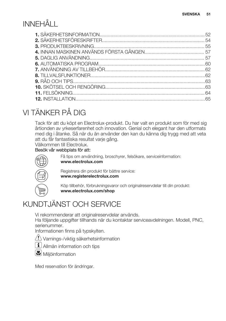 Innehåll, Bruksanvisning, Vi tänker på dig | Kundtjänst och service | Electrolux EMS20100OX User Manual | Page 51 / 68