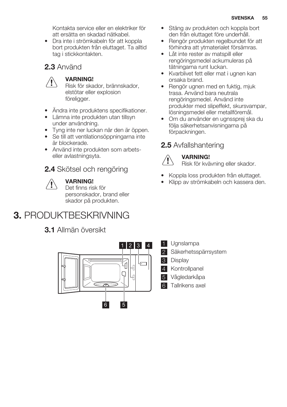 3 använd, 4 skötsel och rengöring, 5 avfallshantering | Produktbeskrivning, 1 allmän översikt | Electrolux EMS20100OX User Manual | Page 55 / 68