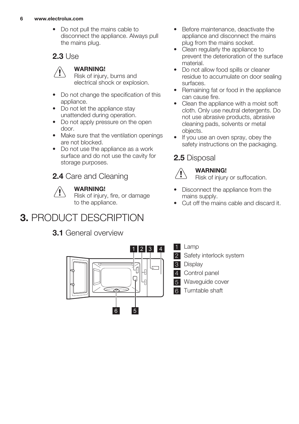 3 use, 4 care and cleaning, 5 disposal | Product description, 1 general overview | Electrolux EMS20100OX User Manual | Page 6 / 68