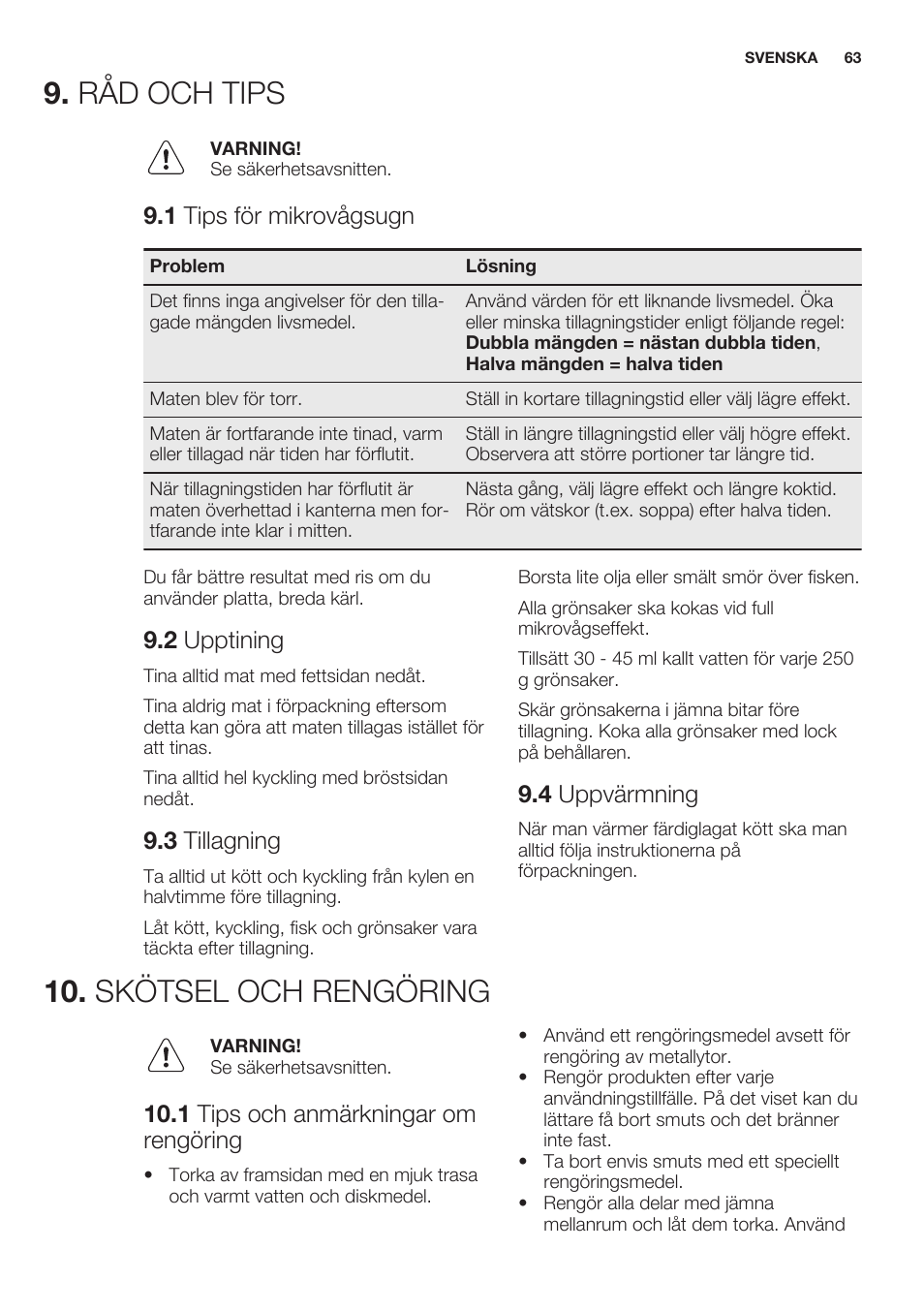 Råd och tips, 1 tips för mikrovågsugn, 2 upptining | 3 tillagning, 4 uppvärmning, Skötsel och rengöring, 1 tips och anmärkningar om rengöring, Råd och tips 10. skötsel och rengöring | Electrolux EMS20100OX User Manual | Page 63 / 68