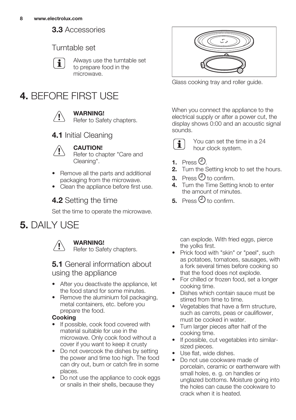 3 accessories, Turntable set, Before first use | 1 initial cleaning, 2 setting the time, Daily use, 1 general information about using the appliance, Before first use 5. daily use, 3 accessories turntable set | Electrolux EMS20100OX User Manual | Page 8 / 68