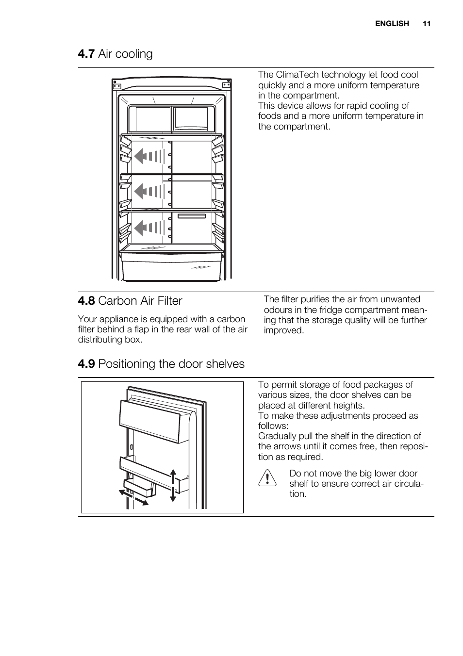 7 air cooling, 8 carbon air filter, 9 positioning the door shelves | Electrolux EN3881AOX User Manual | Page 11 / 80