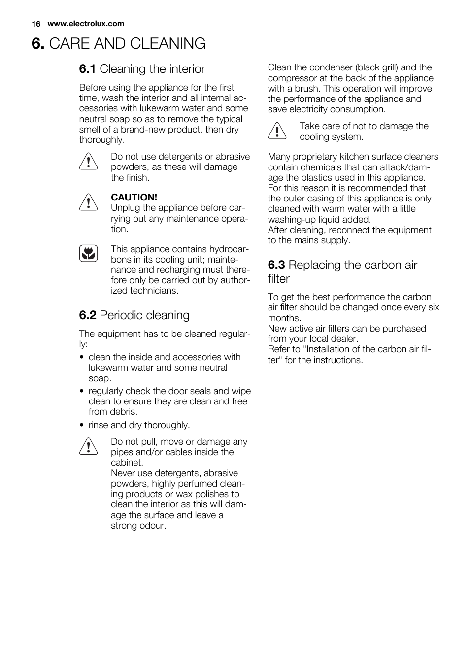 Care and cleaning, 1 cleaning the interior, 2 periodic cleaning | 3 replacing the carbon air filter | Electrolux EN3881AOX User Manual | Page 16 / 80