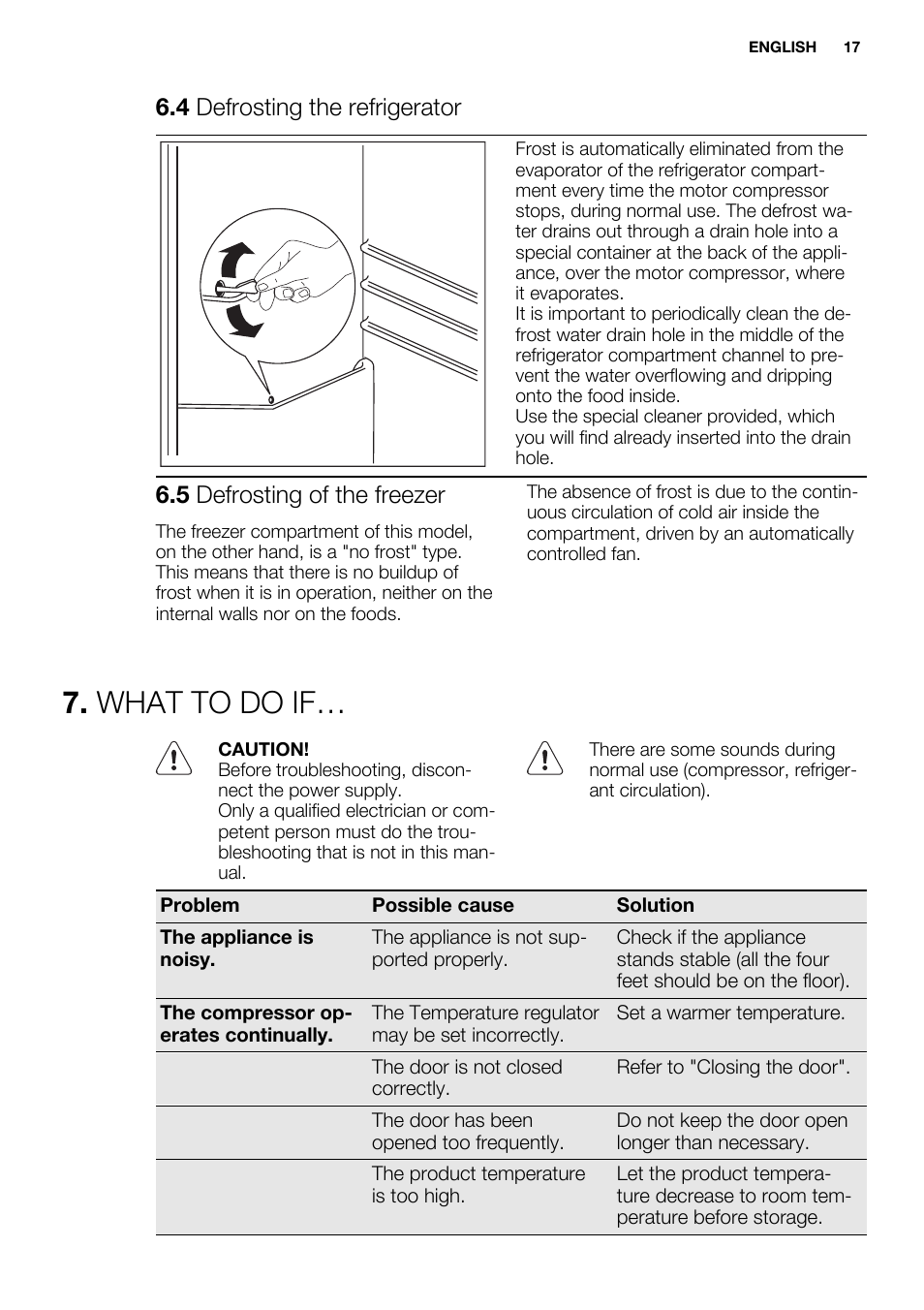 What to do if, 4 defrosting the refrigerator, 5 defrosting of the freezer | Electrolux EN3881AOX User Manual | Page 17 / 80